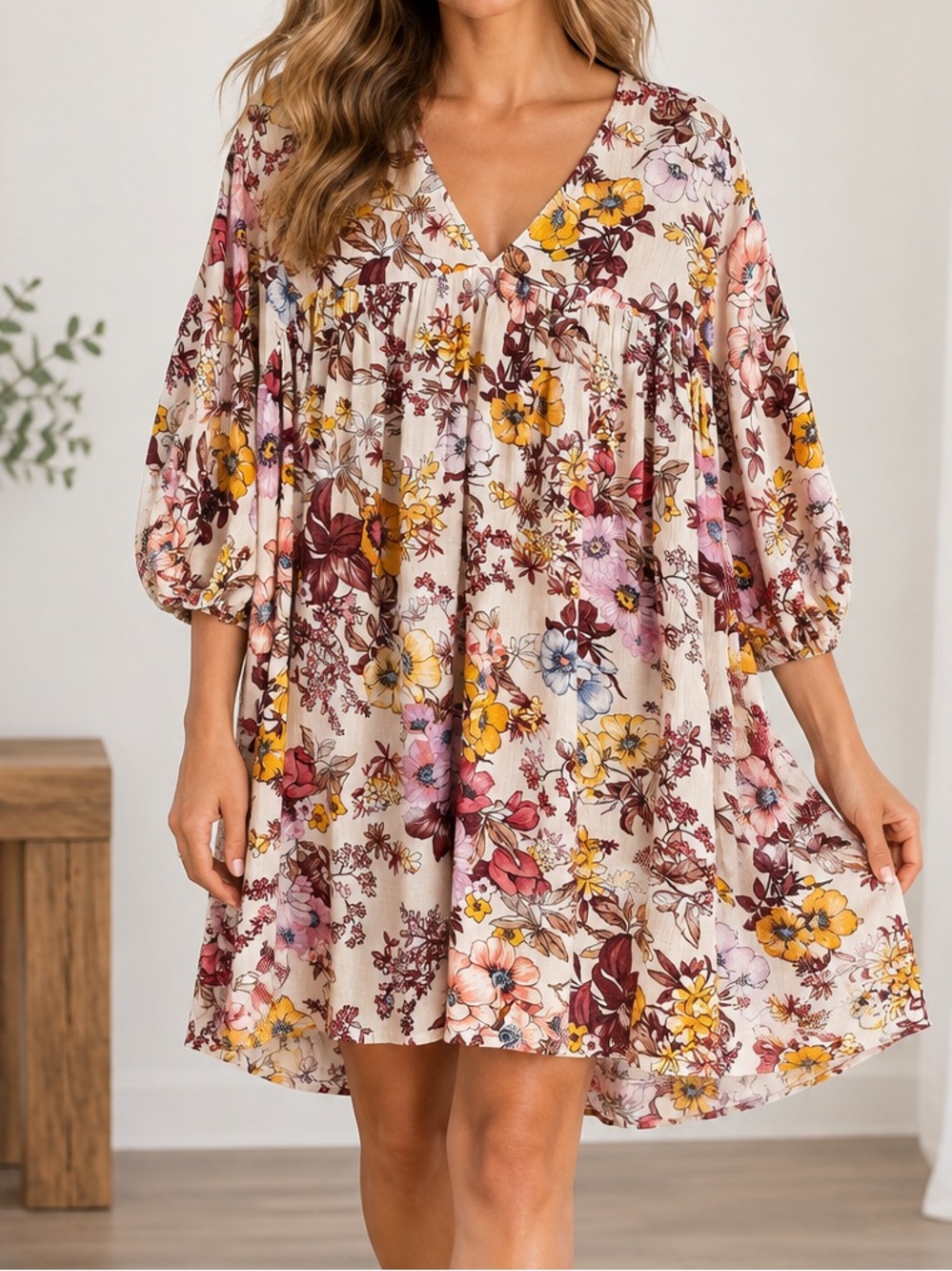 Umgee Floral Babydoll Tunic Dress Boho Tie Back Size M